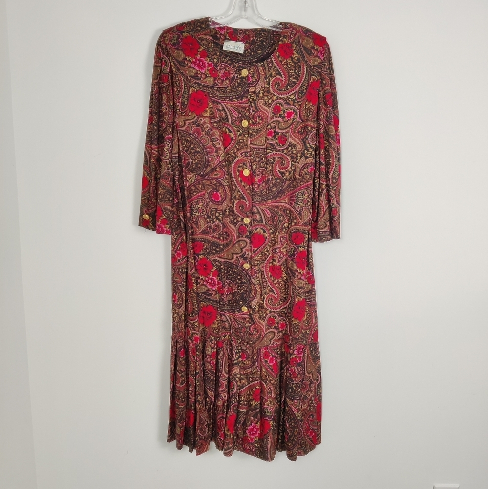 Liz Moody Women's Floral Paisley Button-Down Midi Dress, Size 14 Vintage, 70s